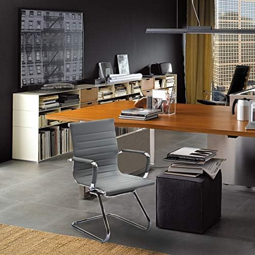 Wahson Office Guest Chairs Set of 4, Leather Reception Chairs, Mid Back Waiting Room Chair, Conference Chairs with Sled Base, Desk Chair No Wheels for Meeting/Lobby/Restroom, Grey