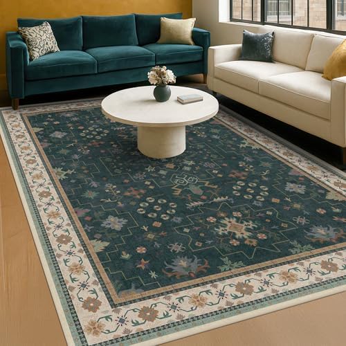 Hazo Haus Dark Green Oushak 5x8 Living Room Rug - Modern Vintage Boho Eclectic Floral Pastel, Washable Low Pile Non-Slip Large Area Rugs for Nursery Dining Under Table Bedroom Lounge by HazoHaus
