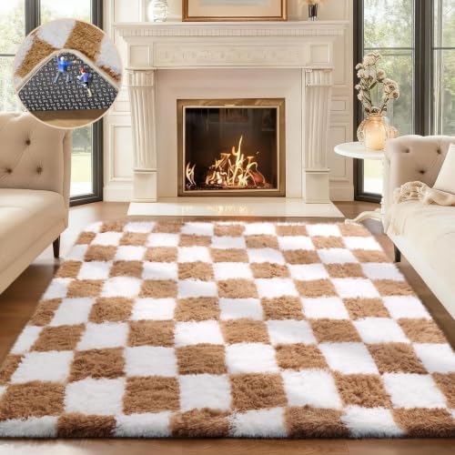 Ophanie Checkered Beige & White Rug for Living Room Bedroom,Fluffy Soft Cute Fuzzy Area Rugs,Shag Plush Shaggy Bedside Floor 4x6 Furry Carpet Kids Baby Teen Dorm Decor with Over 99 pcs Pile fibers by Ophanie