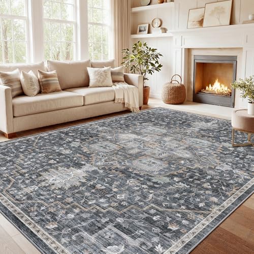 Amada Large 9x12 Washable Area Rug for Living Room, Gray/Gold, Vintage by AMADAHOMEFURNISHING