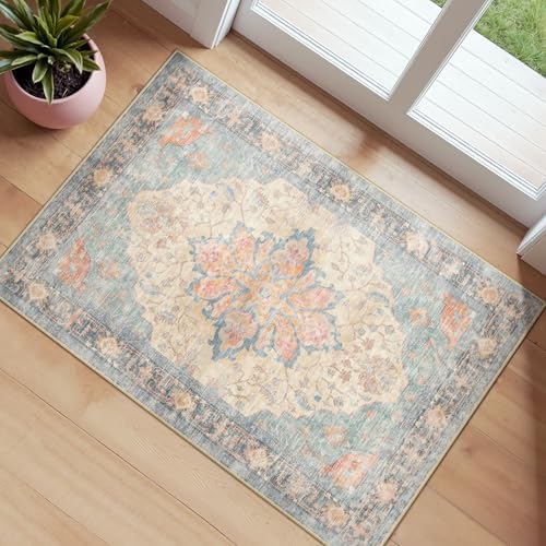 RELEANY Washable Area Rug, Small 2'x3', Blue/Orange/Red by RELEANY