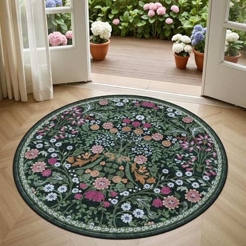 PLHXFR Round Area Rug Living Room: 4 ft Floral Washable Carpet Dark Green - Image 2