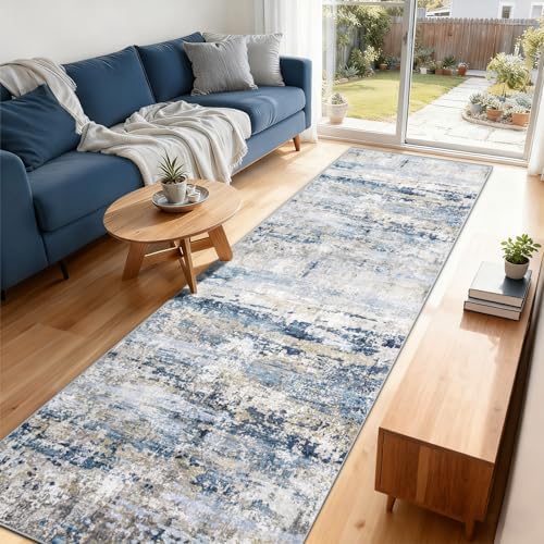 pmtsns Area Rugs 2x8 Runner Rug: Washable Hallway Rug Modern Abstract Neutral Soft Non-Slip Low-Pile Indoor Carpet for Kitchen Bedside Entrance Laundry (Blue Grey Brown, 2'x8') - Image 2
