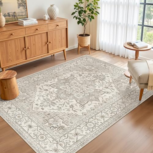 Madane Area Rug 4x6 Washable Rugs Vintage for Living Room, Beige/Brown by Madane