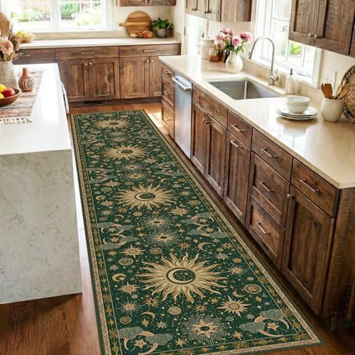 Vacuum-Friendly, 2x10 Washable Area Rug, Green Gold Yellow by meejou