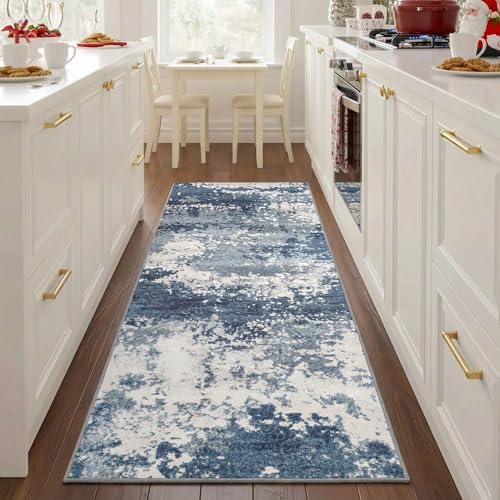 Blue Rug Runners for Hallways Kitchen 2.6x8 Non Slip Washable Entryway Runner Rugs with Rubber Backing 8ft Long Carpet Runner for Laundry Bedroom, Low Pile Stain & Fade Resistant, Abstract Navy - Image 2