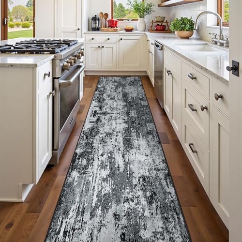 RELEANY Washable Runner 2'x8' Abstract Area Rug for Hallway Black White - Image 5