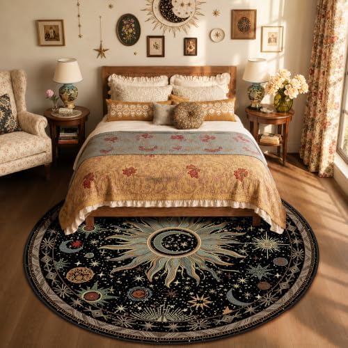 Vacuum-Friendly, Round 8ft Washable Area Rug, Black Green Blue by meejou