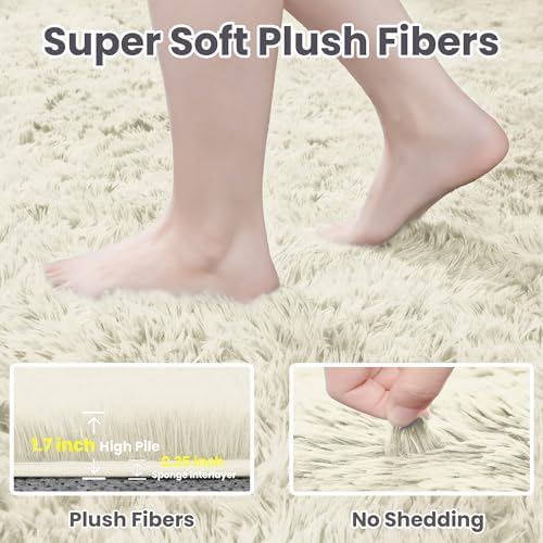 5x7 Fluffy Shag Area Rugs for Living Room Bedroom: Soft Carpet Cream White - Image 5