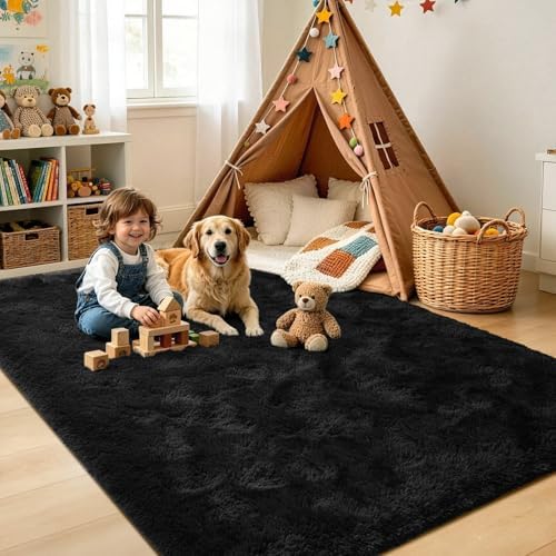Noahas 4'x5'3'' Black Fluffy Soft Area Rug Non-Slip for Bedroom Living Room - Image 4