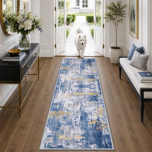 RELEANY Washable Runner 2'x6' Abstract Area Rug for Hallway Blue Gold by RELEANY