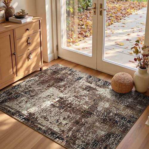Entryway Rug 3x5 Brown Bedroom Area Rug Washable Non Slip Abstract Coffee Boho Rugs for Indoor Entry, Kitchen, Classroom, Bathroom, Kids Girls Room, Office, College Dorm Small Carpet by OmpaaHomeDecor