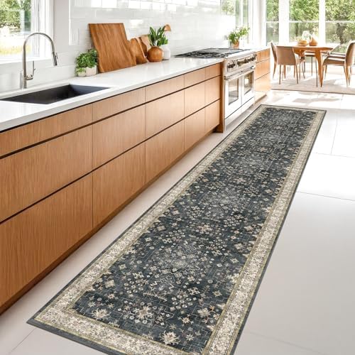 Hazo Haus Black Boho Washable 3x12 Extra Long Runner Rug for Hallway, Waterproof Large Kitchen Floor Rug, Non-Slip Stain & Fade Resistant, Vintage Floral Decor - Image 3