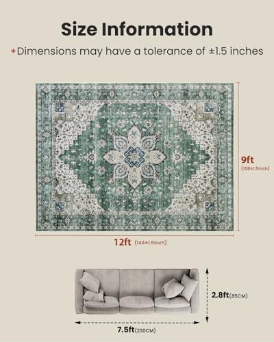 Amada Large 9x12 Washable Area Rug for Living Room, Dark/Green, Vintage - Image 2