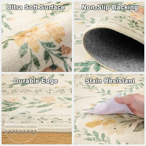 PLHXFR Round Area Rug Living Room: 6 ft Floral Washable Carpet Beige Multi - Image 6