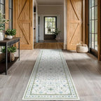 Hazo Haus Oushak 3x10 Wide Hallway Runner Rug - Vintage Turkish Floral, Washable Low Pile Non Slip 10ft Long Runners for Kitchen, Hall Way - Light Blue and Green by HazoHaus