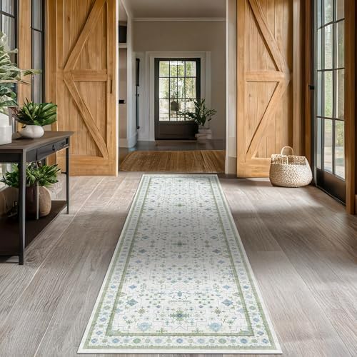 Hazo Haus Oushak Wide Hallway Runner Rug 2'6"x8' - Vintage Turkish Floral, Washable Low Pile Non Slip Extra Long Runners for Kitchen, Hall Way - Cream Blue and Green by HazoHaus