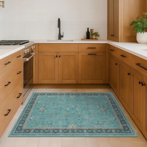3x4 Teal Rugs for Entryway Indoor - Washable Non Skid Area Rug for Large Kitchen, Bedside, Bathroom, Mudroom, Boho Geometric Floral Design, Non Slip Low Pile Fade Resistant - Image 6