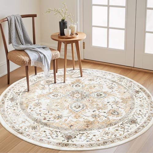 Amada Round 4x4 Washable Area Rug for Living Room, Beige, Vintage Style by AMADAHOMEFURNISHING