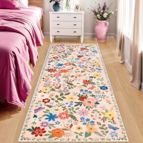 PLHXFR 2x6 Washable Runner Rug：Floral Indoor Kitchen Soft Carpet Beige - Image 2