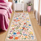 PLHXFR 2.6x8 Washable Runner Rug：Floral Indoor Kitchen Soft Carpet Beige - Image 2