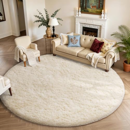 Ophanie Round Rugs 8Ft Ivory Circle Area Rug, Large Living Room Aesthetic Decor, Fluffy Fuzzy Bedroom Big Carpet,Plush Soft Shaggy Cream for Kids Home Nursery with Over 99 pcs Pile fibers by Ophanie