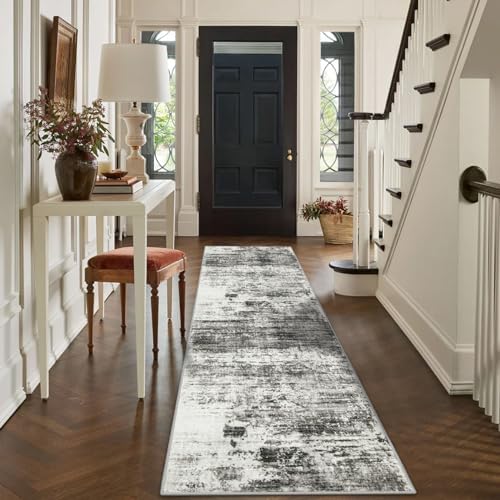 2'6''x8' Runner Rugs Washable Rug:Modern Abstract Hallway Black Grey Carpet - Image 4