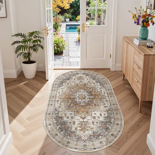 Madane Washable Oval Rug 3x5 for Entryway Small Area Rugs, Turmeric/Grey - Image 2