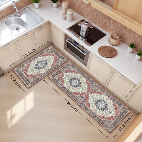 Boho Kitchen Mats for Floor 2PC Anti Fatigue Kitchen Rugs, Taupe Red - Image 2