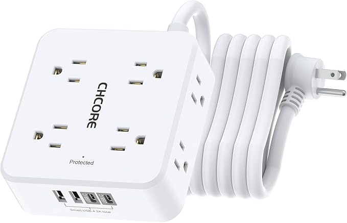 10Ft Surge Protector Power Strip - CHCORE Flat Plug Extension Cord with 8 Outlets and 4 USB Ports(2 USB C), 3 Side Wall Mount Outlet Extender for Home Dorm Room Essentials, ETL Listed, White