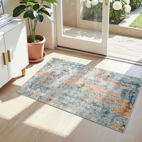 Entrance Rugs Indoor 2x4 Blue Entry Rug Washable Abstract Black Small Area Rug Non-Slip Low Pile Throw Rugs for Entryway, Kitchen Floor, Front Door Indoor Door Mat, Bathroom, Bedroom Bedside by OmpaaHomeDecor