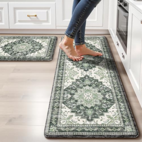 Boho Kitchen Mats for Floor 2PC Anti Fatigue Kitchen Rugs, Green by tubeamin