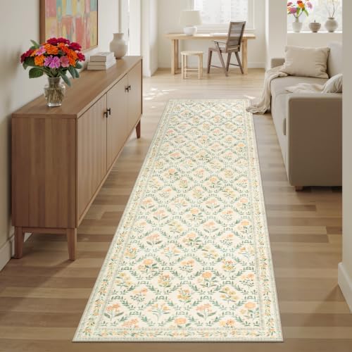PLHXFR 2.6x10 Washable Runner Rug：Floral Indoor Kitchen Carpet Beige Multi - Image 6