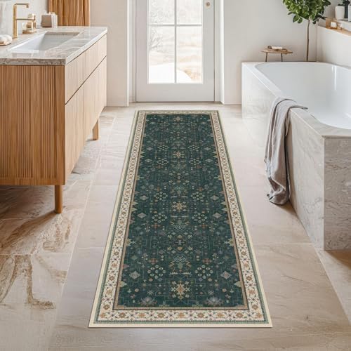 Hazo Haus Dark Green 2x8 Non Slip Kitchen Runner Rugs - Modern Vintage Boho Eclectic Floral Pattern, Washable Low Pile Non-Slip 8ft Long Runner Rugs for Hallway, Entrance - Image 3