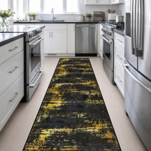 3x14 Washable Runner Rug：Modern Abstract Soft Carpet Black Gold - Image 5