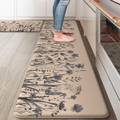 KIMODE Kitchen Anti Fatigue Mat,Brown Gray Farmhouse Kitchen Rugs Sets of 2 by StayinComfortCookwithJoy