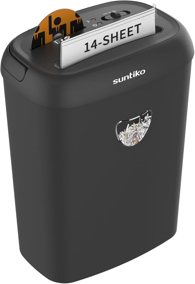 Suntiko 14 Sheet Cross Cut Paper Shredder for Home Office Use with P-4 High Security and 6.6 Gallon Bin for Credit Cards CDs or Staples ETL Certified Black