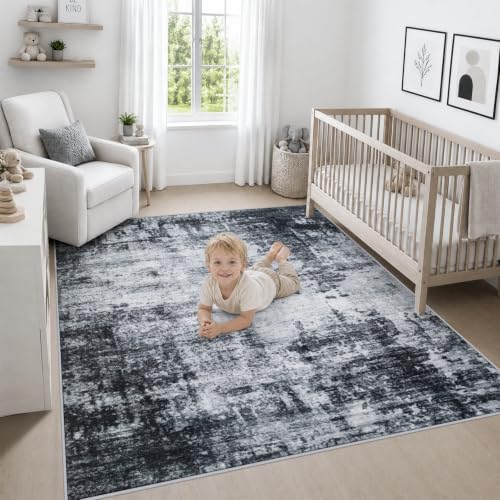 Area Rug Living Room: 8x8 Modern Washable Soft Carpet Dark Black - Image 5