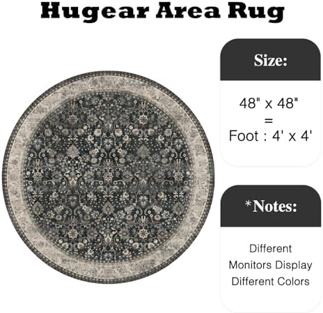 HUGEAR 4ft Round Black Beige Vintage Floral Washable Rug for Living Room - Image 2