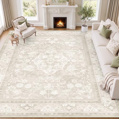 SameBed 9x12 Area Rug Living Room, Vintage Neutral Washable Carpet Beige by SameBed