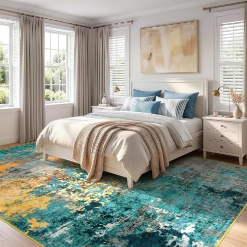 9x12 Area Rug for Living Room, Abstract Washable Large Rugs, Teal/Orange - Image 2