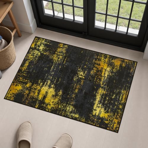 2x3 Washable Entryway Rug: Modern Abstract Soft Carpet Black Gold by FXRHLP