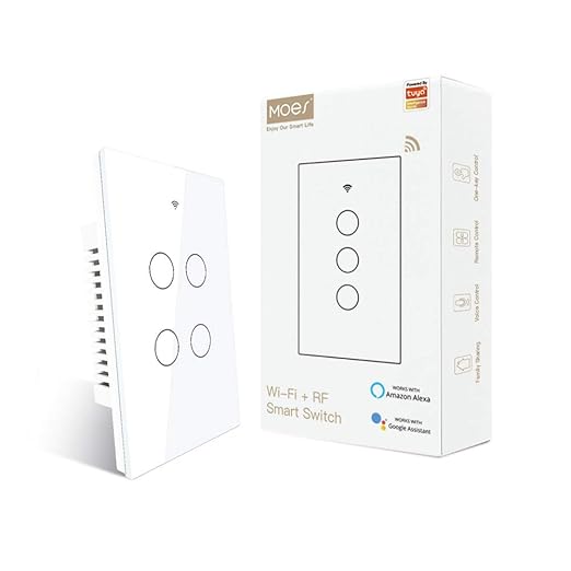 MOES 2.4GHz WiFi Wall Touch Smart Switch Neutral Wire Required, 3 Way Multi-Control, Glass Panel Light Switch Work with Smart Life/Tuya App, RF433 Remote Control, Alexa and Google Home White 4 Gang