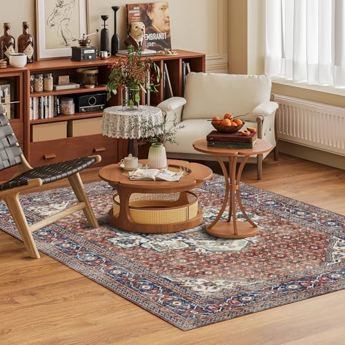 Washable Area Rug 3' x 5 ' Vintage Traditional Persian Mat - Foldable Distressed Non-Slip Machine Washable Carpet for Living Room Bedroom Kitchen Home Decor - Terracotta and Navy - Image 2
