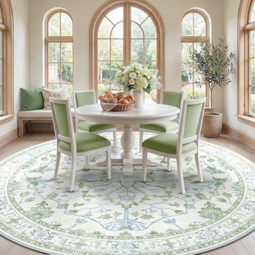 RELEANY Washable Area Rug, Round 10ft, Green/White/Blue - Image 3