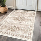 Washable Neutral Farmhouse Large Entryway Rug, 3x4 Area Rugs for Kitchen, Bedroom, Nursery Room, Boho Vintage Floral Non-Slip Throw Rug Low Pile Stain Resistant (3x4 Beige/Latte) by HazoHaus
