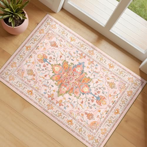 RELEANY Washable Area Rug, Small 2'x4', Pink/Light Pink/Colorful by RELEANY