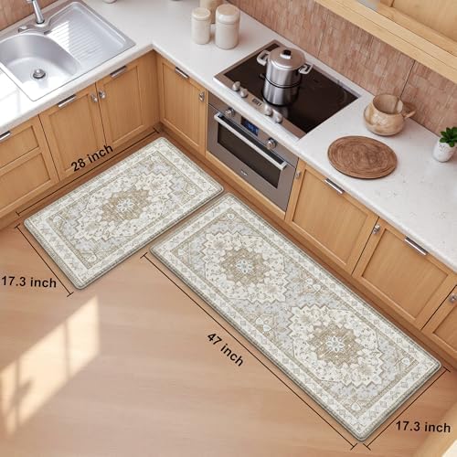 Boho Kitchen Mats for Floor 2PC Anti Fatigue Kitchen Rugs, Beige Tan - Image 2