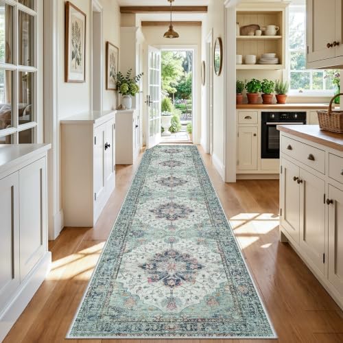 RELEANY Washable Area Rug, Runner 3'x20', Teal Green/White/Navy by RELEANY