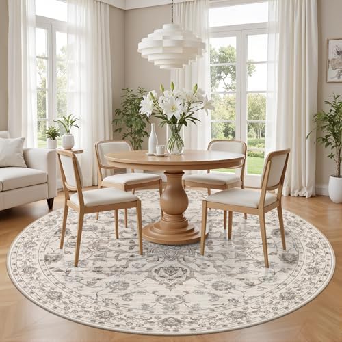 Round Area Rug for Living Room: 4ft Boho Washable Rug Brown Beige - Image 3